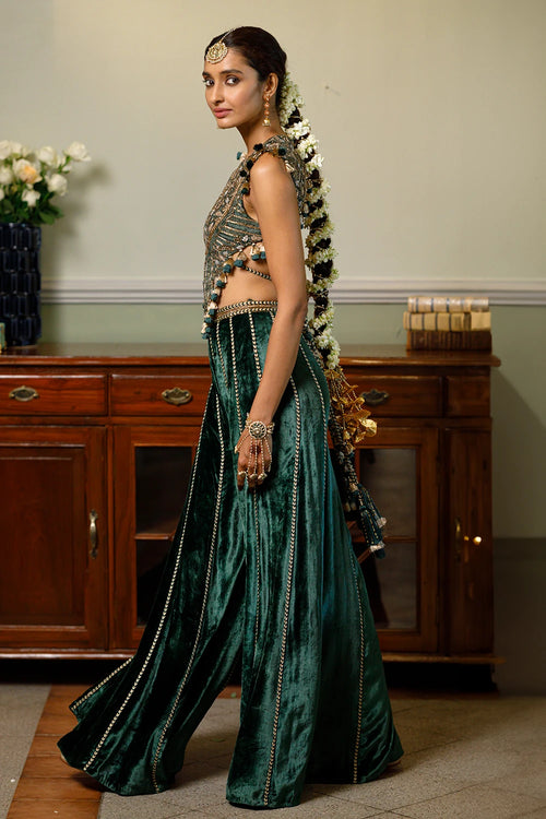 Benazir Emerald Green Back Tie-Up Choli And Sharara Pant Set