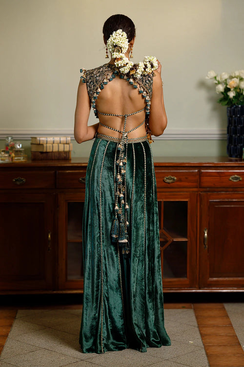 Benazir Emerald Green Back Tie-Up Choli And Sharara Pant Set