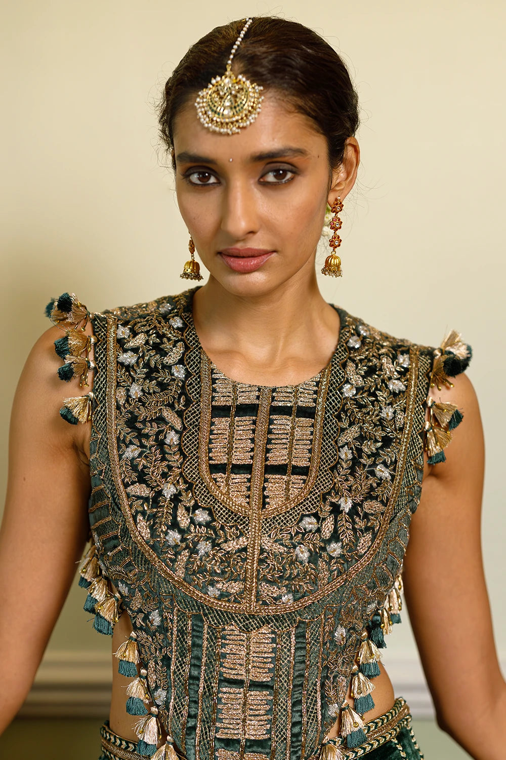 Benazir Emerald Green Back Tie-Up Choli And Sharara Pant Set