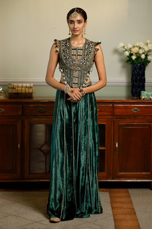 Benazir Emerald Green Back Tie-Up Choli And Sharara Pant Set