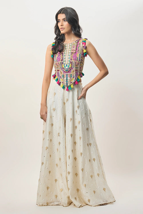 Fez Off-White Georgette Embroidered Choli And Banarasi Silkmul Sharara