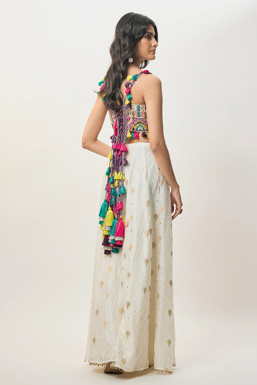 Fez Off-White Georgette Embroidered Choli And Banarasi Silkmul Sharara
