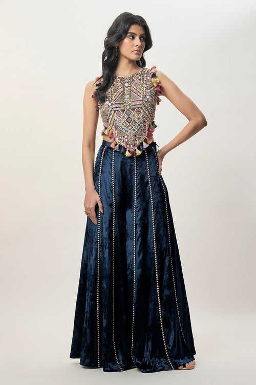 Yasmin Navy Blue Georgette Half Back Covered Embroidered Choli And Velvet Sharara