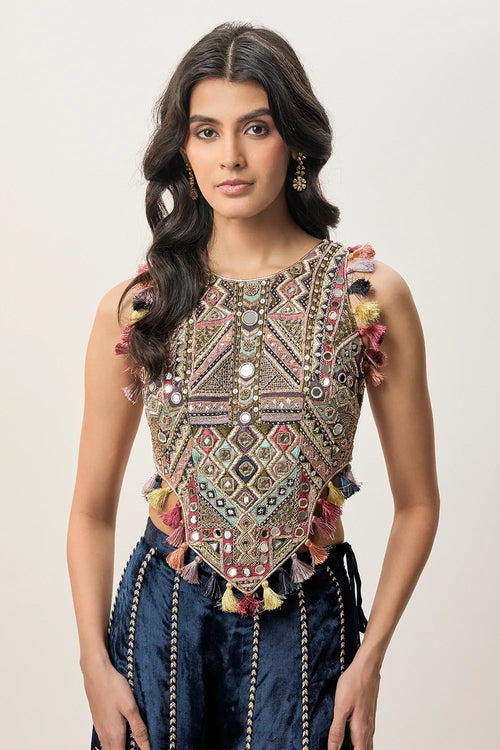 Yasmin Navy Blue Georgette Half Back Covered Embroidered Choli And Velvet Sharara