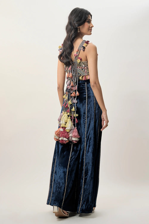 Yasmin Navy Blue Georgette Half Back Covered Embroidered Choli And Velvet Sharara