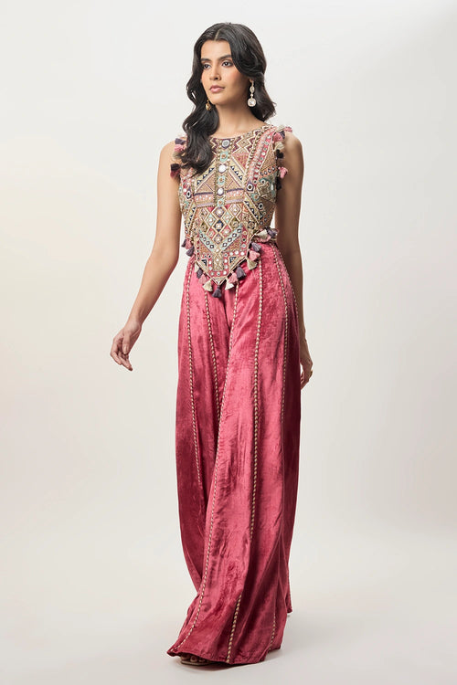 Yasmin Cranberry Georgette Embroidered Choli & Velvet Sharara