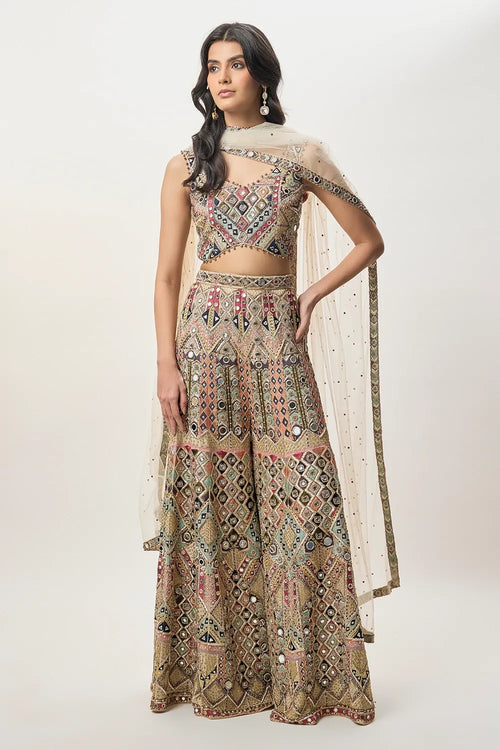 Fariha Champagne Georgette Embroidered Choli With Sharara And Mukaish Net Dupatta