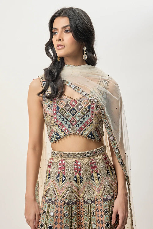 Fariha Champagne Georgette Embroidered Choli With Sharara And Mukaish Net Dupatta