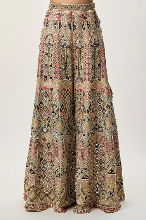 Fariha Champagne Georgette Embroidered Choli With Sharara And Mukaish Net Dupatta