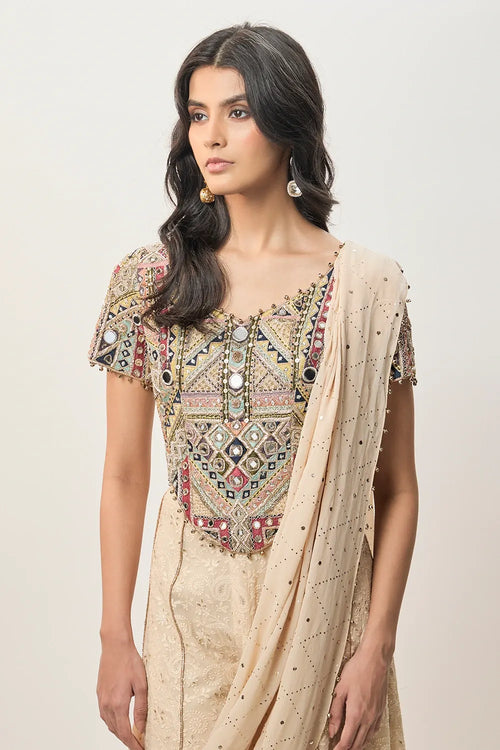 Hooria Stone Georgette Embroidered Choli And Lucknowi Sharara With Attached Pallu