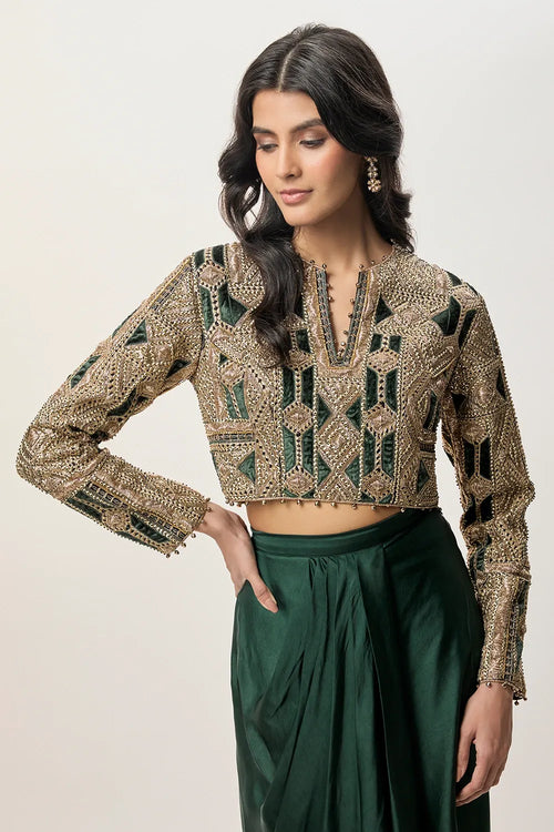 Sia Emerald Green Georgette Embroidered Choli And Modal Satin Dhoti Skirt