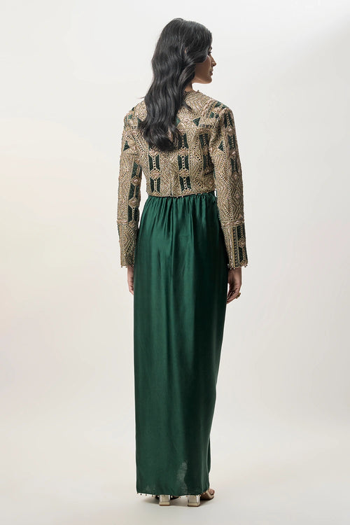 Sia Emerald Green Georgette Embroidered Choli And Modal Satin Dhoti Skirt