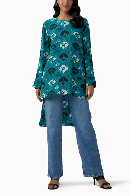 Teal Printed Crepe High Low Tunic
