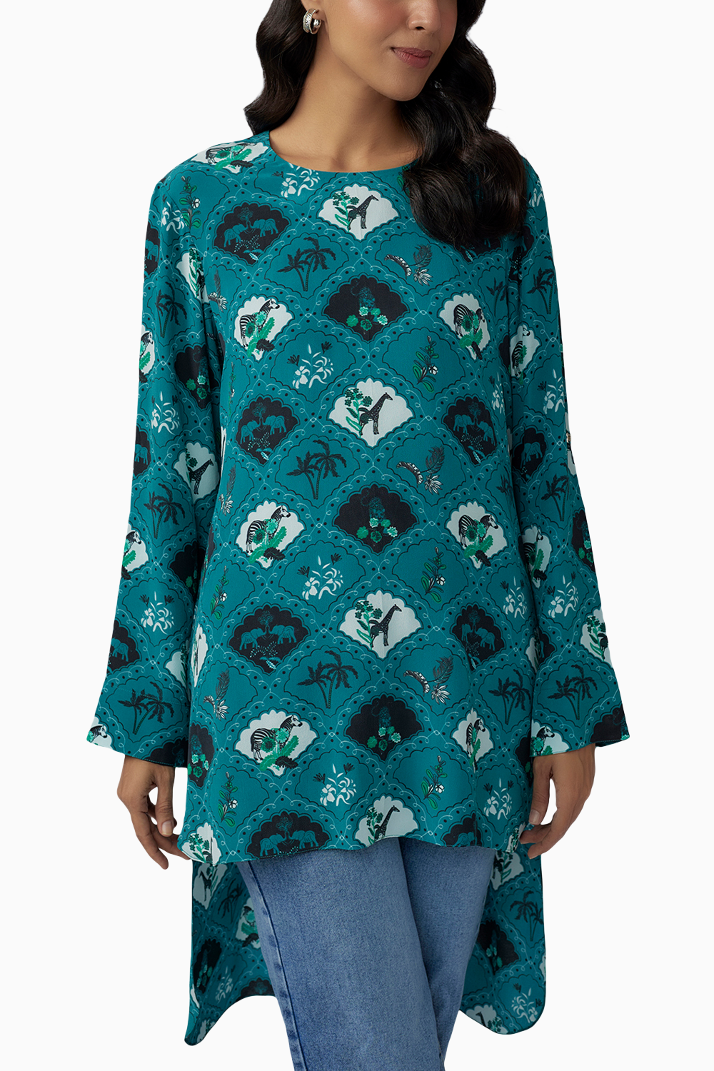 Teal Printed Crepe High Low Tunic