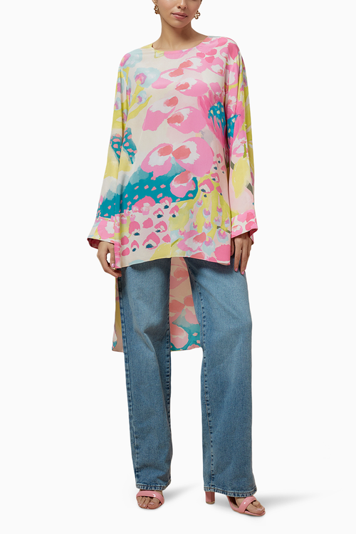 Lime Printed Crepe Roll-Up Sleeves Tunic