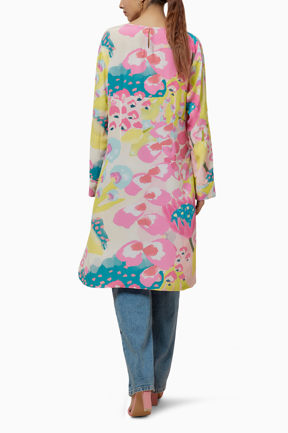 Lime Printed Crepe Roll-Up Sleeves Tunic