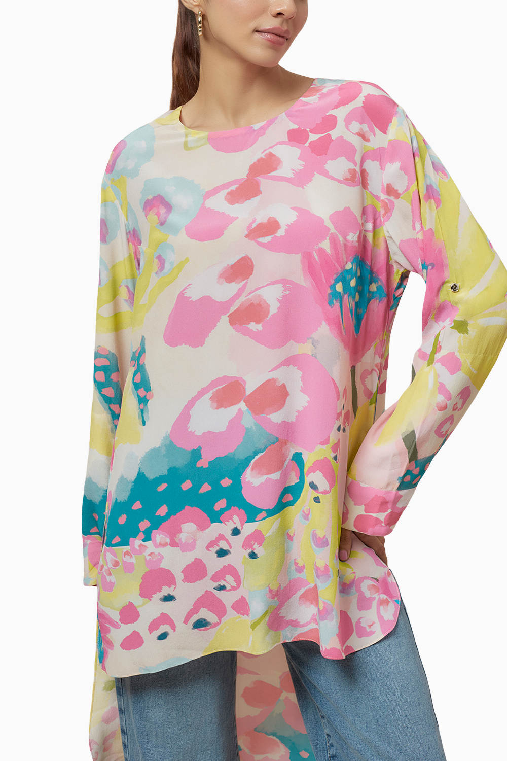 Lime Printed Crepe Roll-Up Sleeves Tunic