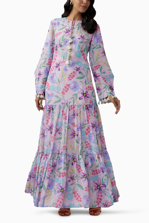 Pink Printed Art Georgette Tiered Dress