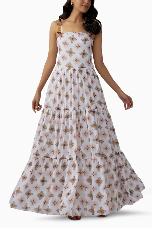 Ivory Printed Art Georgette Long Trapese Dress