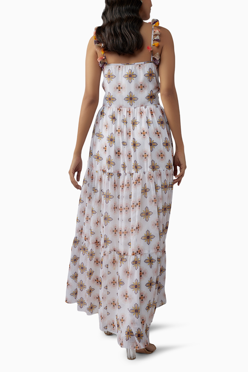 Ivory Printed Art Georgette Long Trapese Dress