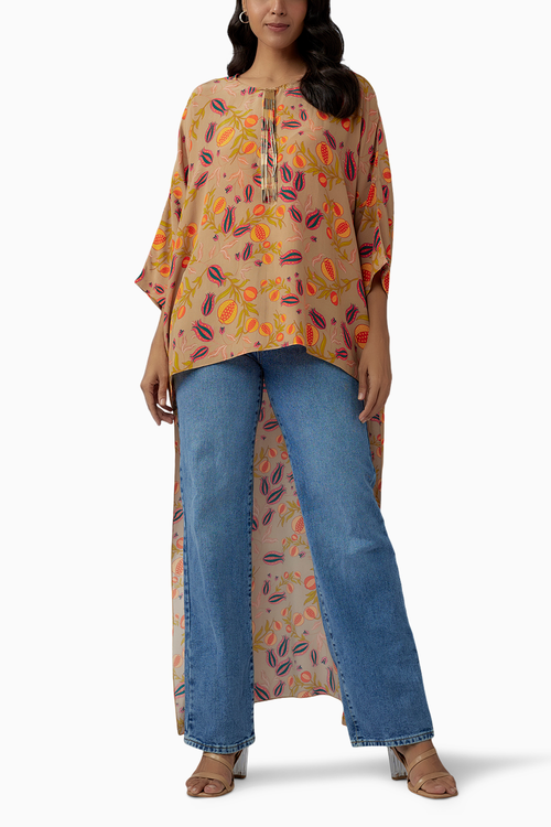 Brown Printed Crepe High Low Top