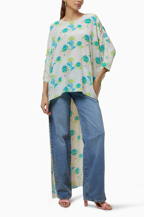 White Printed Crepe High Low Top