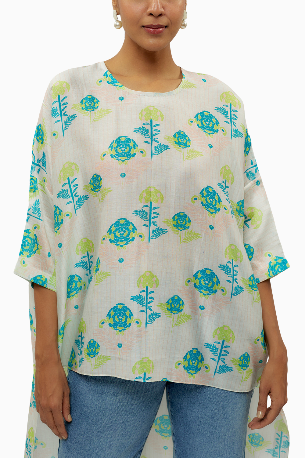 Teal Printed Silkmul High Low Maya Tunic