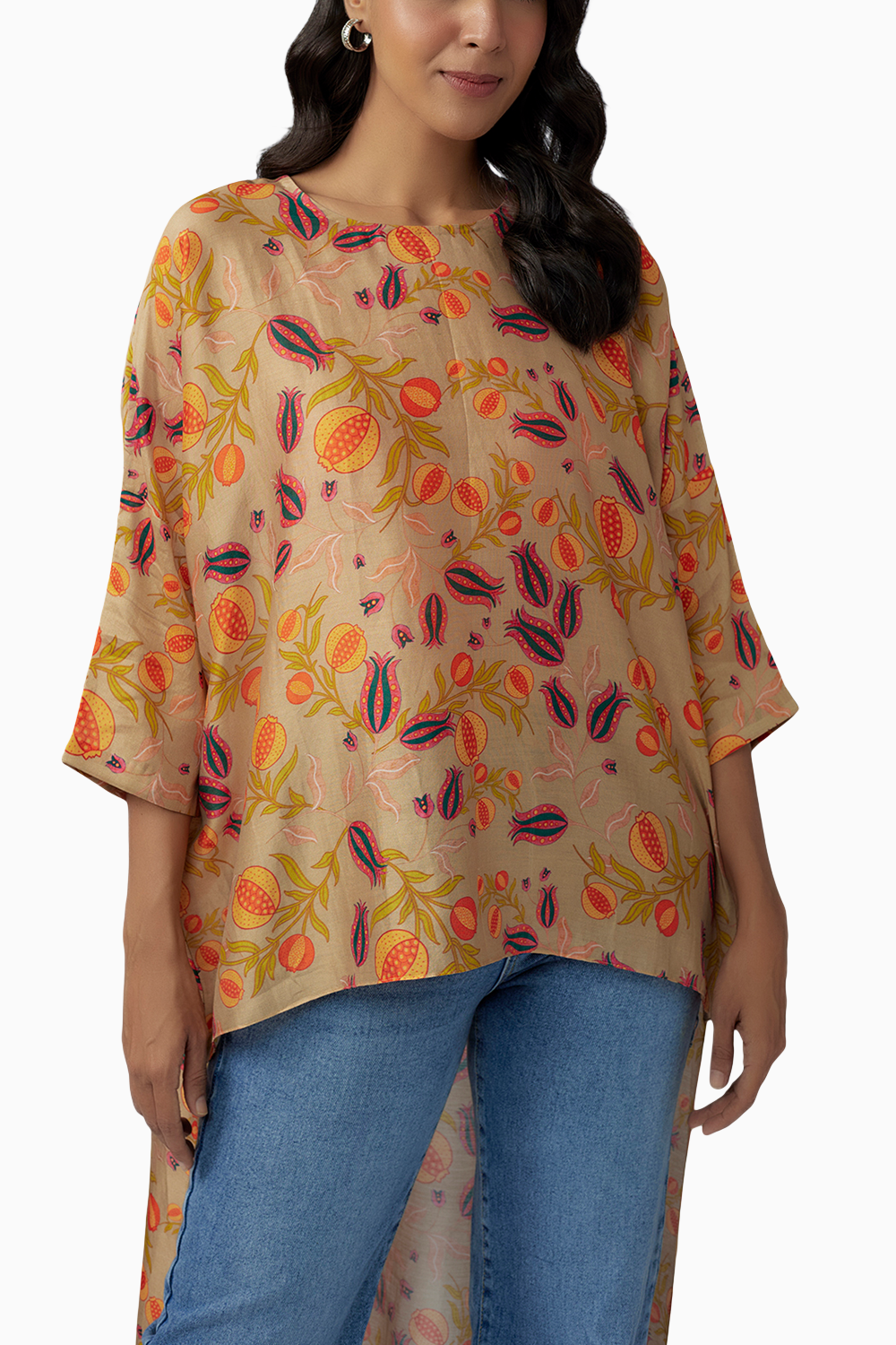 Brown Printed Silkmul High Low Maya Tunic