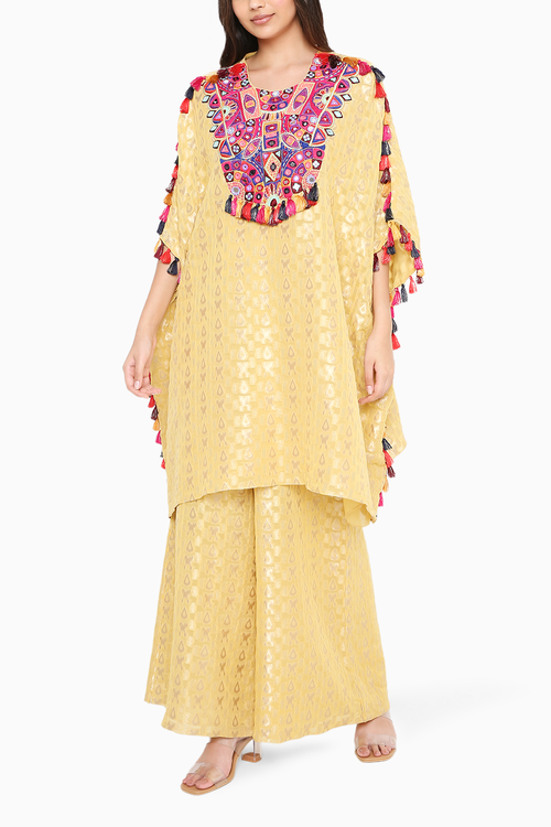 Pale Yellow Embroidered Short Kaftan and Palazzo Set