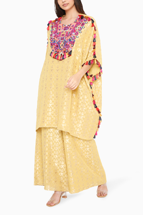 Pale Yellow Embroidered Short Kaftan and Palazzo Set
