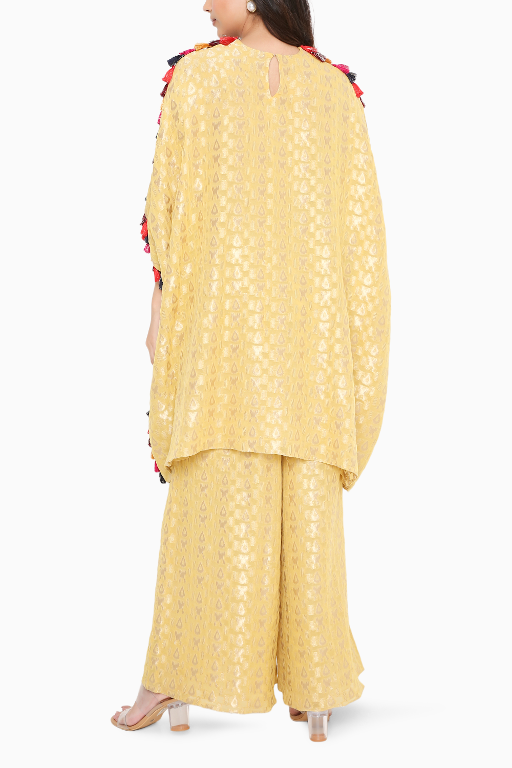 Pale Yellow Embroidered Short Kaftan and Palazzo Set