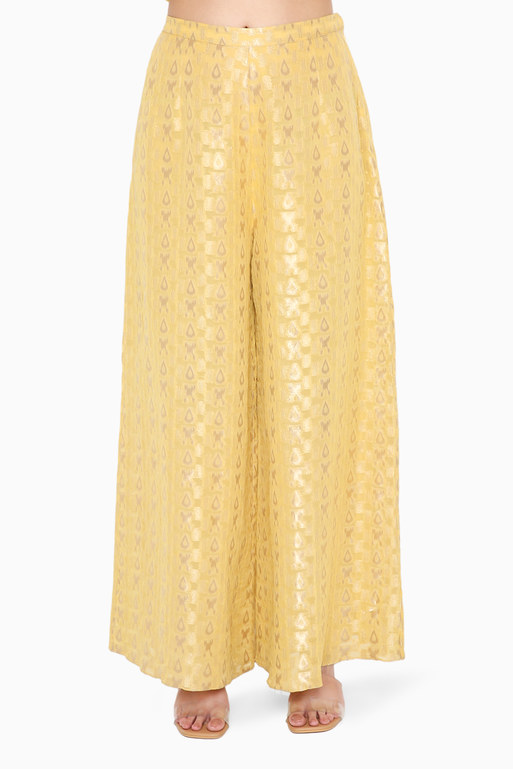 Pale Yellow Embroidered Short Kaftan and Palazzo Set