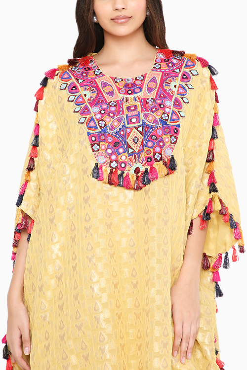 Pale Yellow Embroidered Short Kaftan and Palazzo Set
