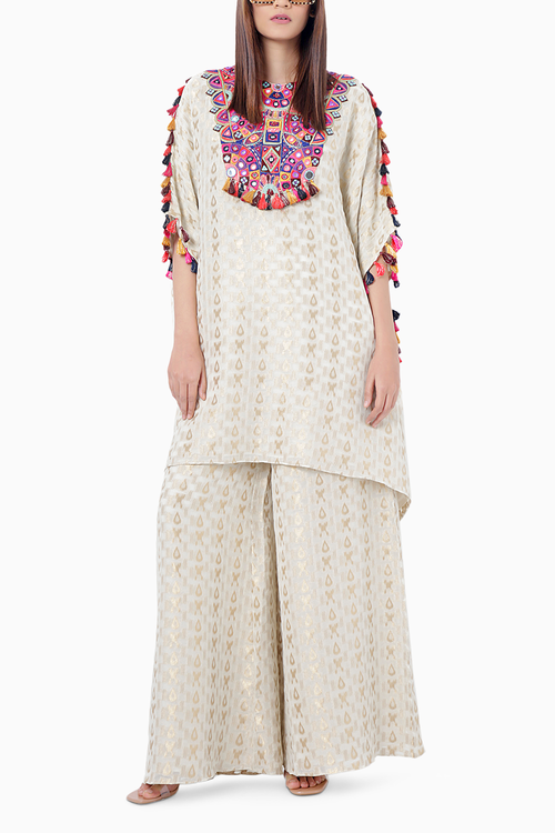 Hafsa Chalk White Embroidered Short Kaftan with Palazzo