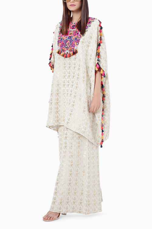 Hafsa Chalk White Embroidered Short Kaftan with Palazzo