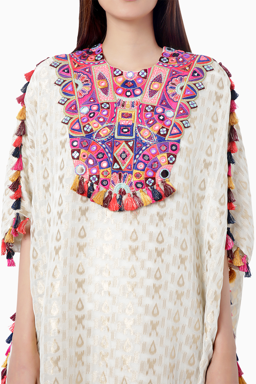 Hafsa Chalk White Embroidered Short Kaftan with Palazzo