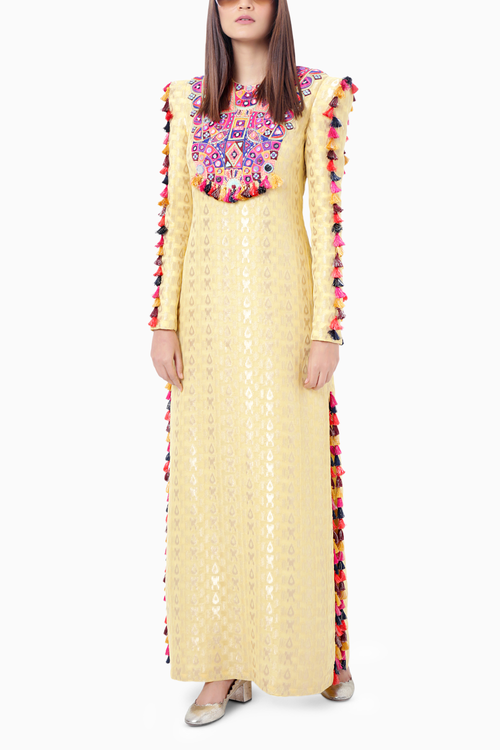 Hasana Pale Yellow Embroidered Kaftan