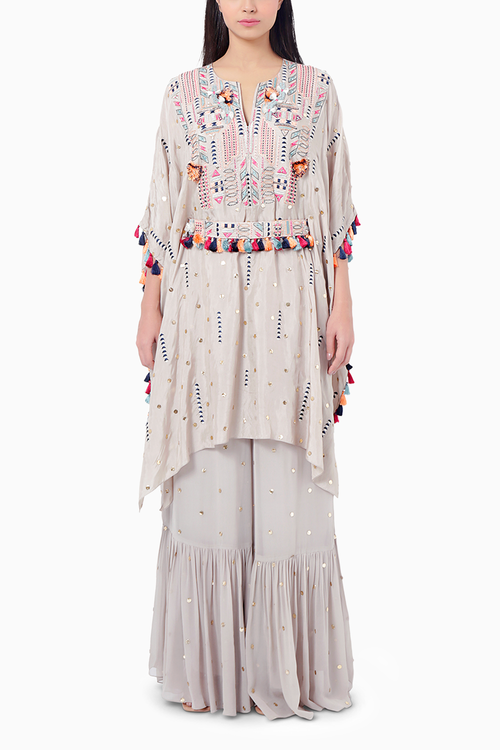 Meer Grey Embroidered Kaftan with Belt Palazzo