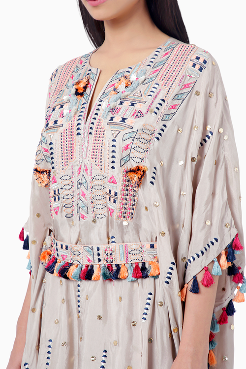 Meer Grey Embroidered Kaftan with Belt Palazzo