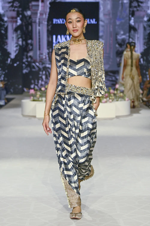 Fida Ladder Print Waist Coat With Bustier And Pant Set