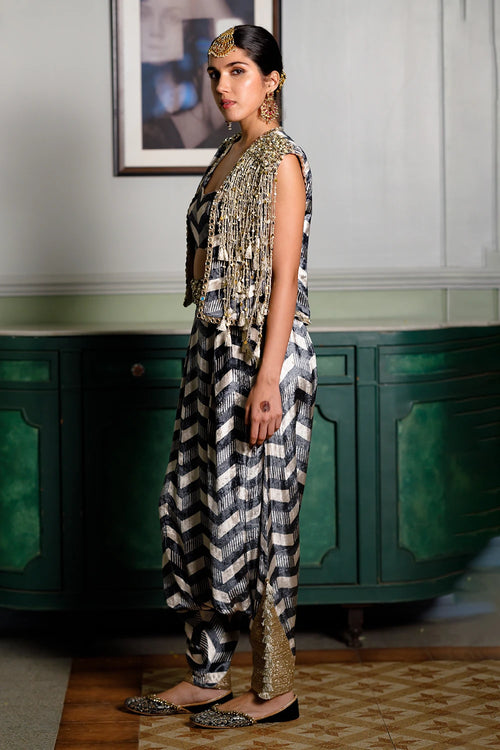 Fida Ladder Print Waist Coat With Bustier And Pant Set