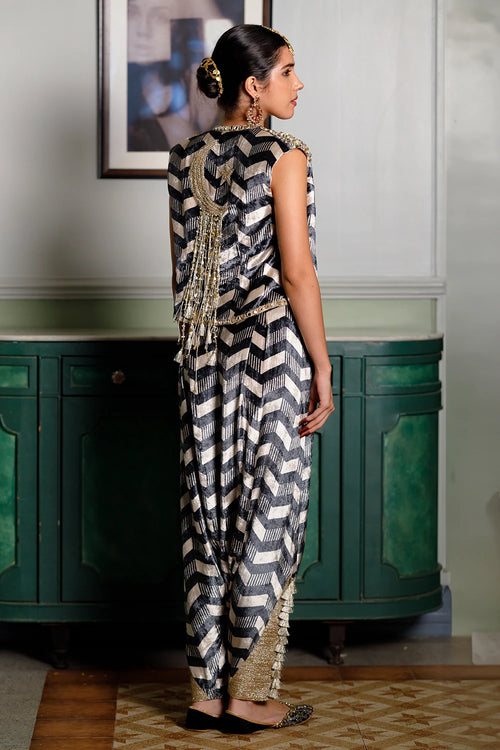 Fida Ladder Print Waist Coat With Bustier And Pant Set