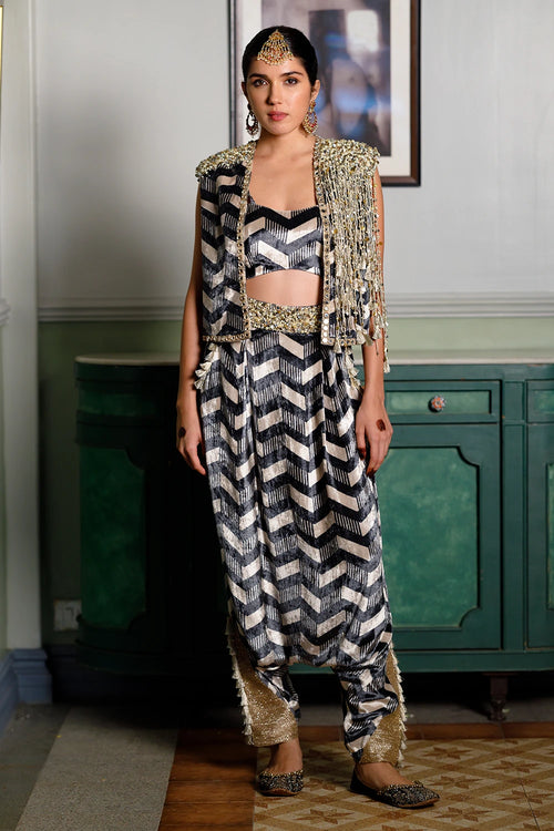 Fida Ladder Print Waist Coat With Bustier And Pant Set
