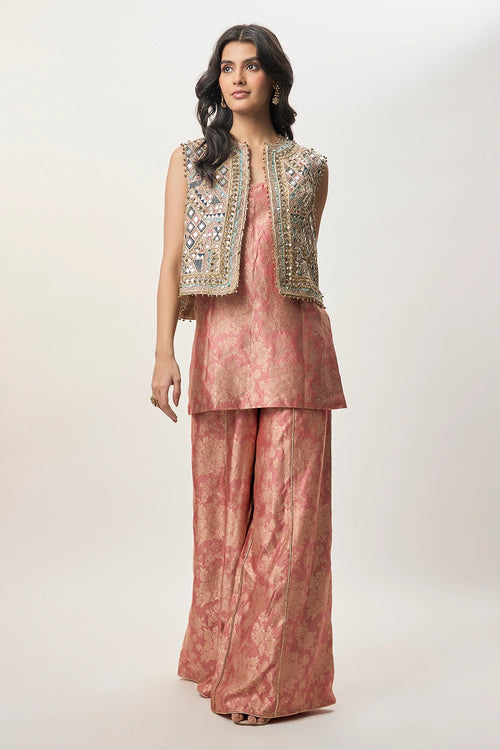 Iza Stone Georgette Embroidered Waist Coat With Rust Pink Banarasi Brocade Kurta And Pant