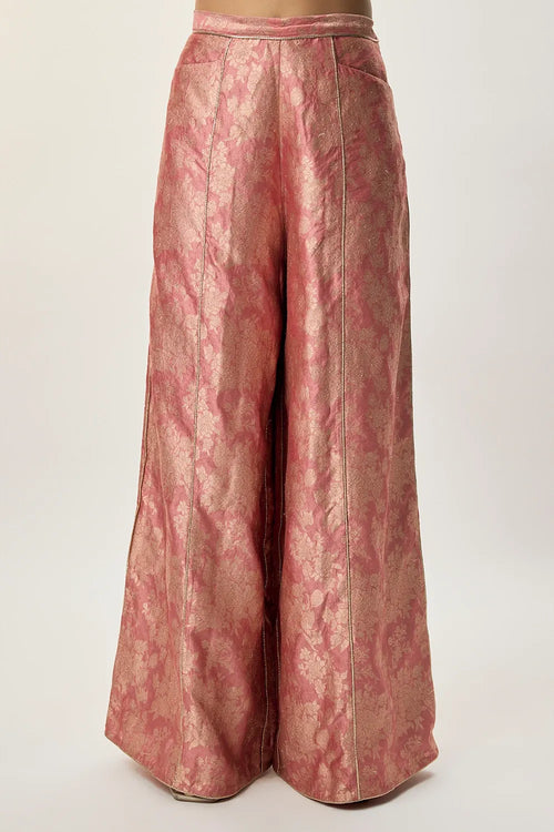 Iza Stone Georgette Embroidered Waist Coat With Rust Pink Banarasi Brocade Kurta And Pant