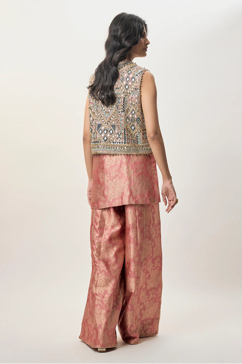 Iza Stone Georgette Embroidered Waist Coat With Rust Pink Banarasi Brocade Kurta And Pant