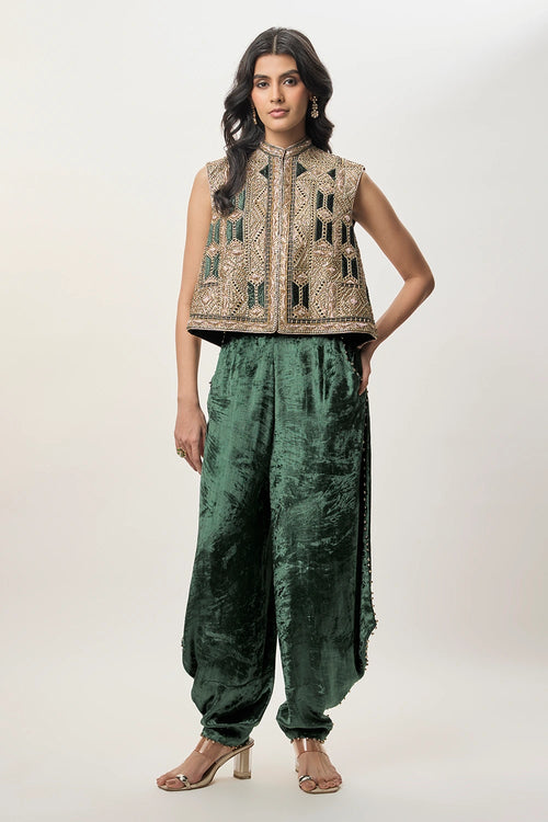 Delnaz Emerald Green Georgette Embroidered Sleeveless Jacket And Velvet Balloon Pants