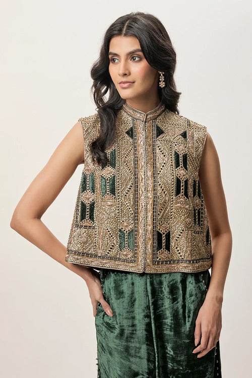Delnaz Emerald Green Georgette Embroidered Sleeveless Jacket And Velvet Balloon Pants