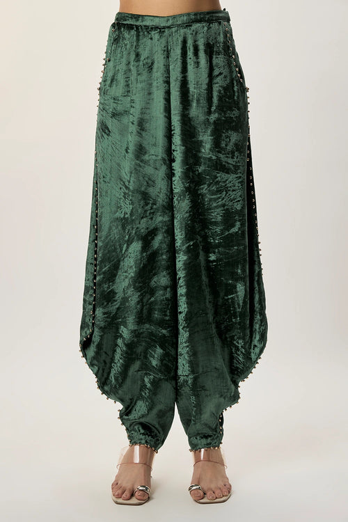 Delnaz Emerald Green Georgette Embroidered Sleeveless Jacket And Velvet Balloon Pants