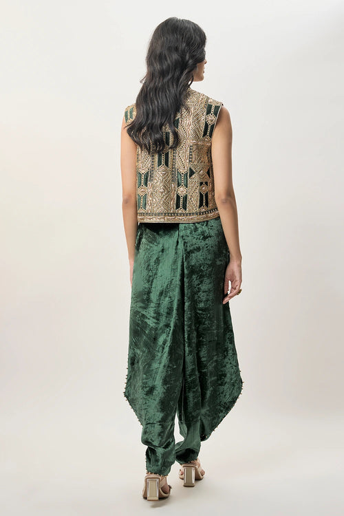 Delnaz Emerald Green Georgette Embroidered Sleeveless Jacket And Velvet Balloon Pants